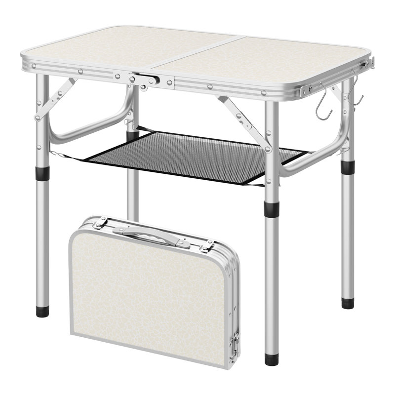 Folding Table Height Adjustable 25/36/50/60 cm, with Storage Mesh Shelving, Rectangle Trestle Table for Picnic, BBQ, Garden, Camping, 60x40 cm MDF Tabletop, Metal Frame, Portable