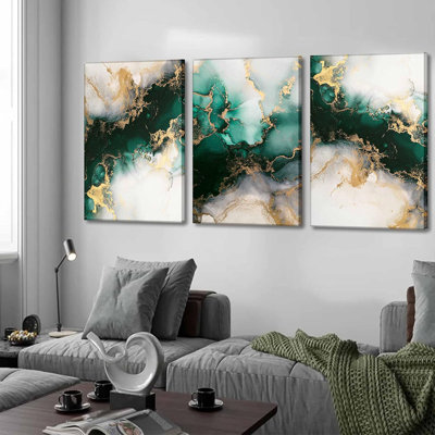 3 Piecs Emerald Green And Gold Canvas Wall Art Modern Abstract Glam Fluid Marble Painting Pictures Living Room Wall Decor Posters Prints For Bedroom Bathroom Office Home Decoration