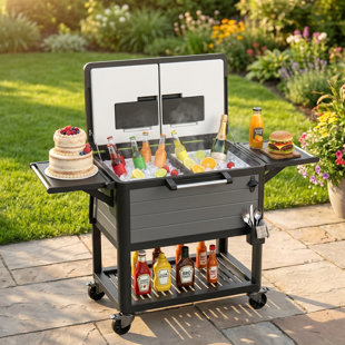 Chariot réfrigérant de 104 pintes 48 heures avec glacière, glacière de patio roulant avec tables d'appoint rabattables, chariot à boissons robuste avec ouvre-bouteille intégré pour la cour, la piscine et les fêtes