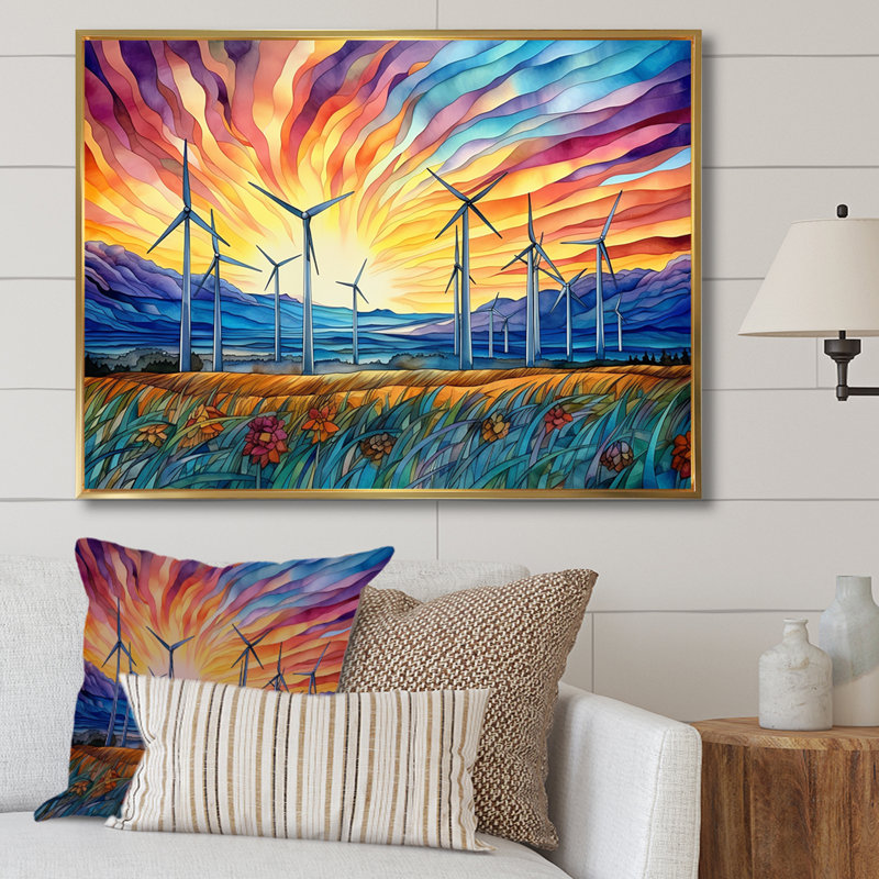 Éoliennes au lever du soleil, H 16 po x l 32 po x P 1 po, Cadre flottant doré