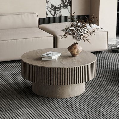 Table basse 31,5 "ronde avec rangement Table d'appoint moderne en placage de bois massif pour salon, chambre à coucher, appartement ou bureau, gris