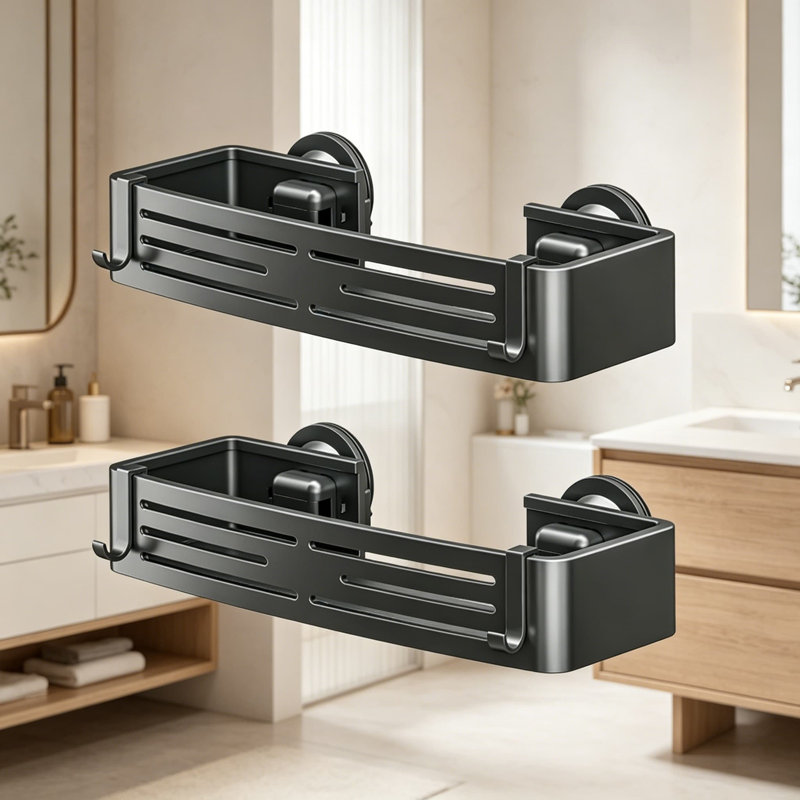 Serviteur de douche à ventouse, tablette de douche sans perçage, organisateur de salle de bain en aluminium antirouille avec 12 crochets, paquet de 2, gris acier
