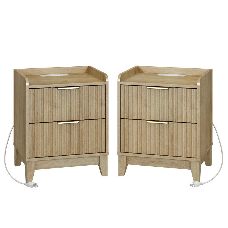 Tables de chevet en bois avec station de charge et 2 tiroirs cannelés Franzi (ensemble de 2), Bois naturel