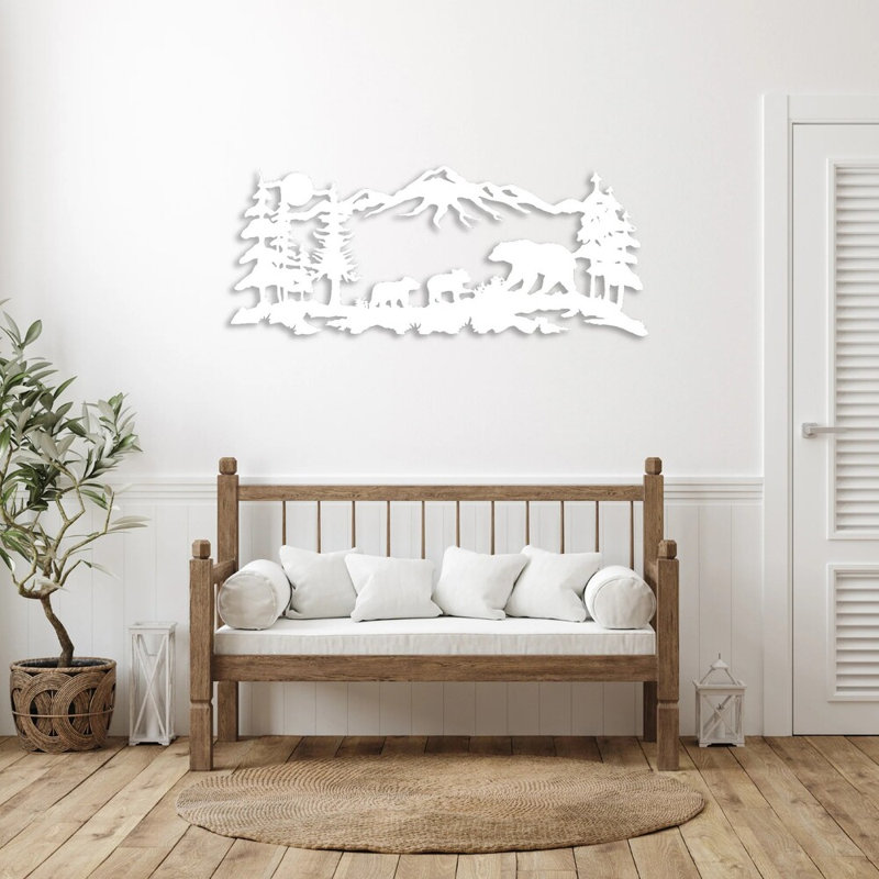 Mountain Bear Family Metal Wall Art - Rustic Wildlife Mountain Decor - Nature Inspired Bear Silhouette Sculpture - Forest Animal Wall Hanging - Industrial Style Outdoor Indoor Home Decor - Scenic Wilderness Statement Art Piece