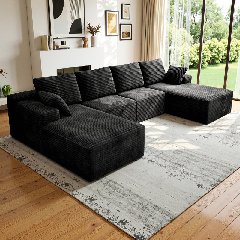 Canapé modulaire en forme de U de 126 po Koli, canapé à compression, velours côtelé noir, Black Corduroy