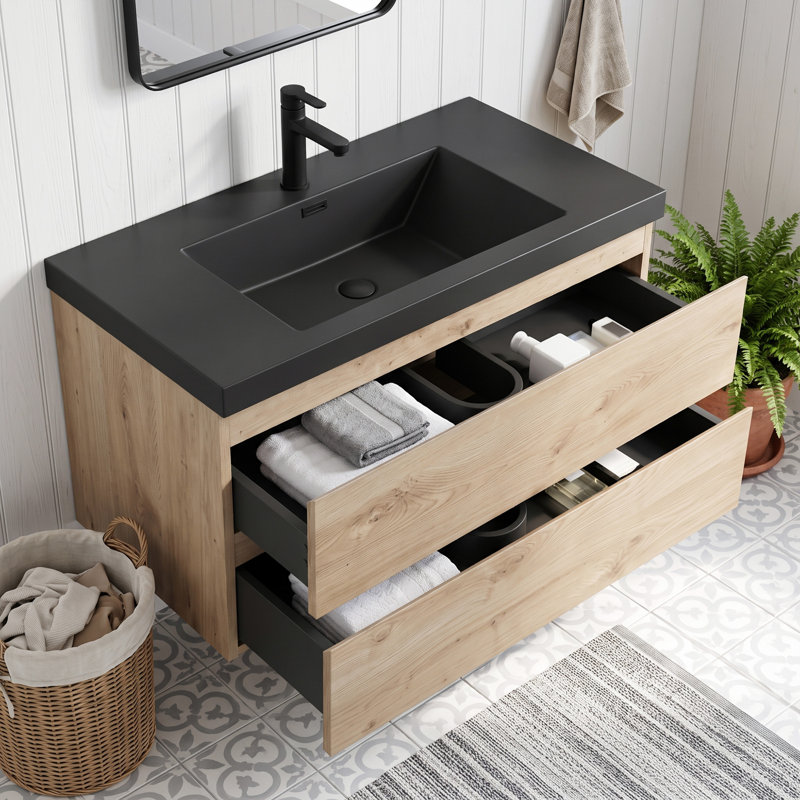 Meuble-lavabo mural en mélamine de bois de 91 cm (36 po), aspect bois naturel, surface résistante à l'usure, anti-rayures et non poreuse facile à nettoyer, préassemblé