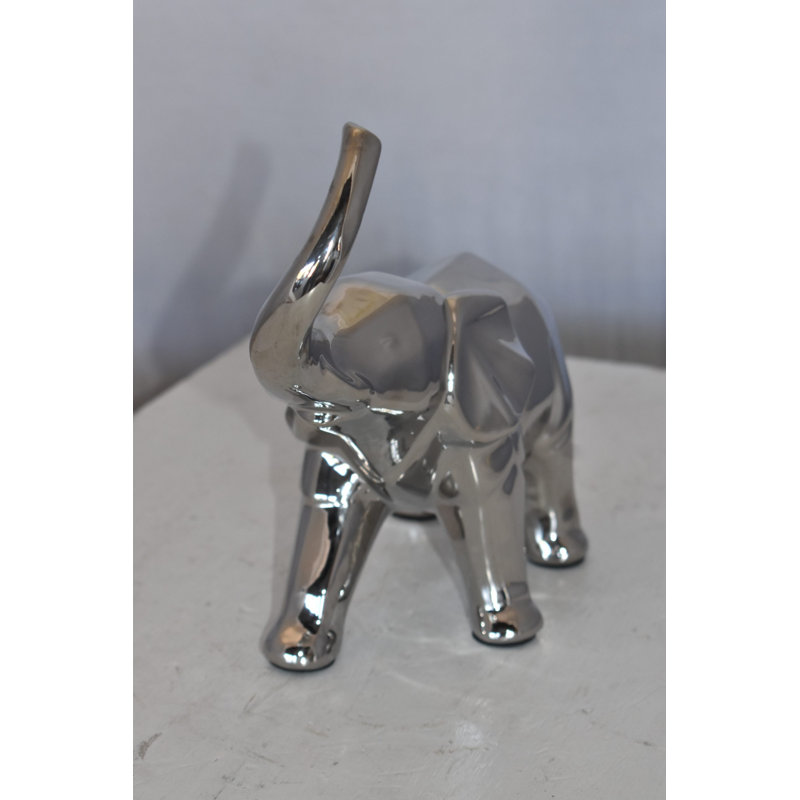 Silver Ceramic Elephant Statue with High-Polish Finish