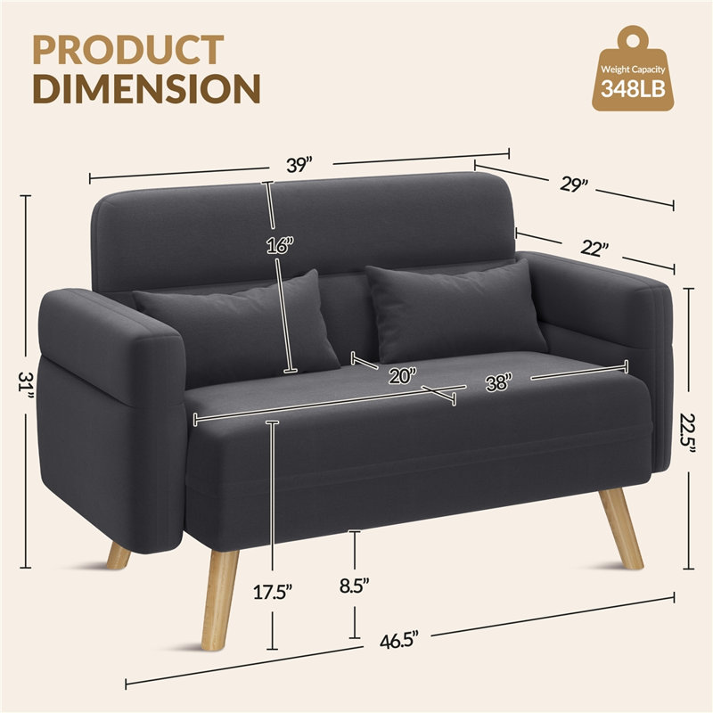 Boarisch 46.5" Upholstered Sofa Loveseat, Dark Gray, Dark Gray