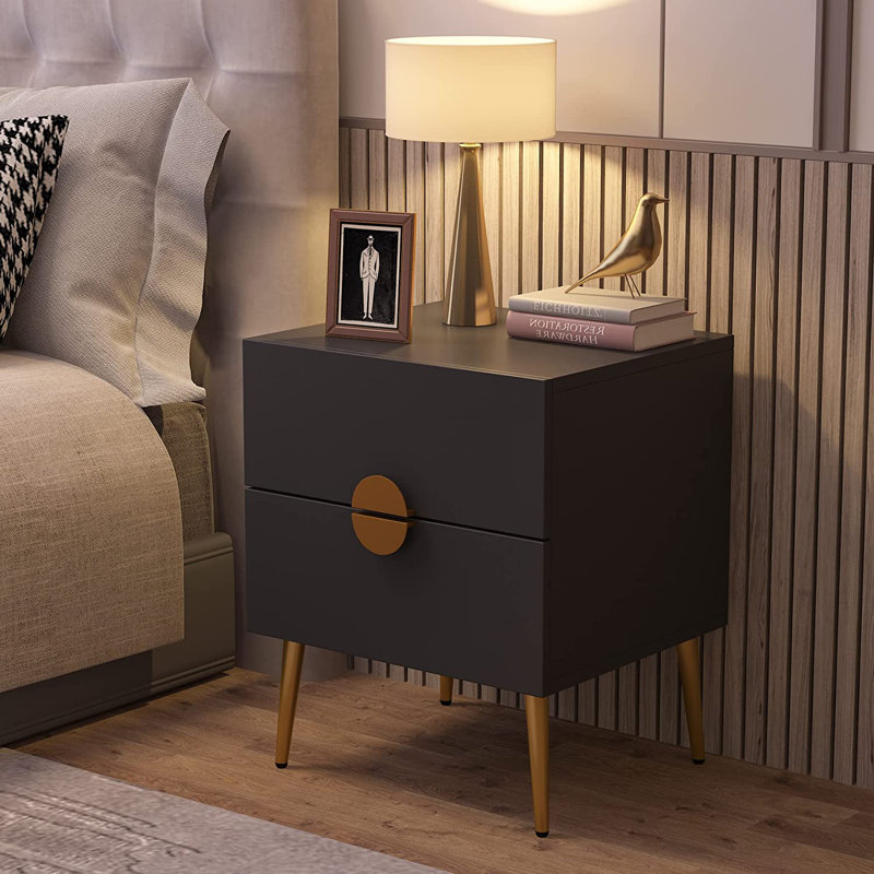 Table de chevet 2 tiroirs pour chambre Palmere, gris foncé, Gris foncé/doré, Individuel