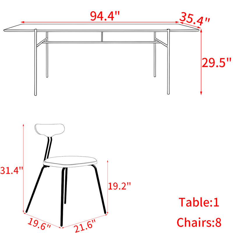 Ensemble de table de salle à manger en bois massif de style américain., H 29,5 po x L 94,4 po x l 35,4 po