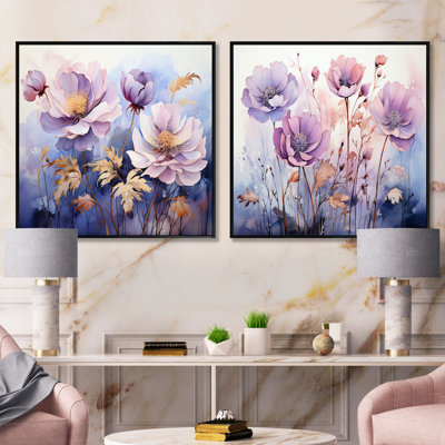 Fleurs bleues et mauves mystiques - ensemble de 2 collages carrés botaniques abstraits
