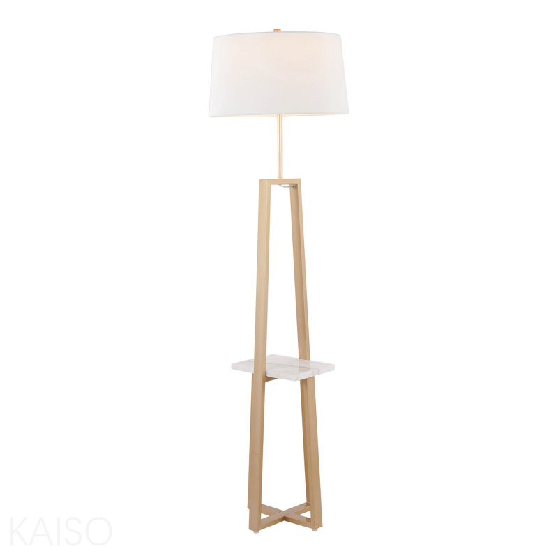 Shelf Contemporary Floor Lamp In White Marble And Gold Metal With White Linen Shade