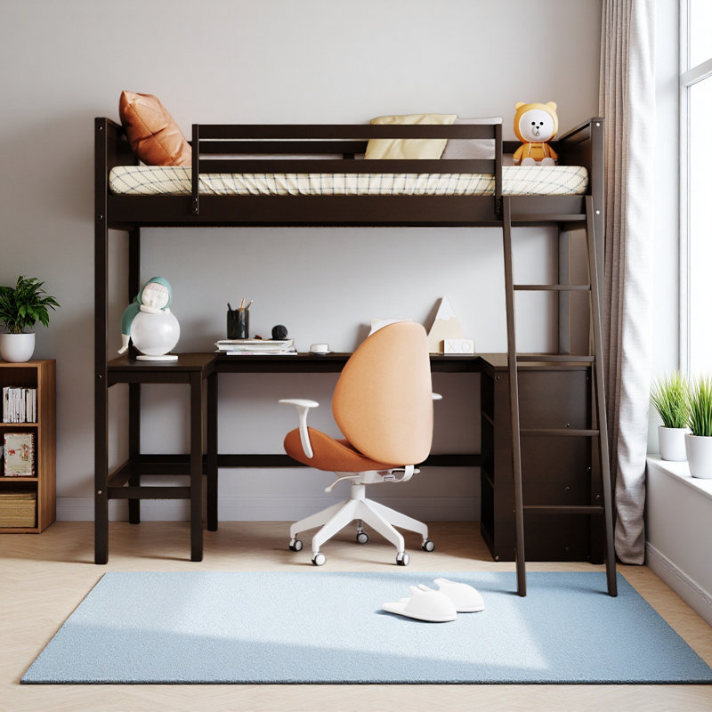 Lit mezzanine simple avec tablettes et bureau, Espresso