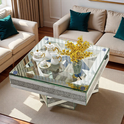 Modern Mirrored Coffee Table With Faux Diamond Inlay, Tempered Glass Top And Mirrored Stacked Base