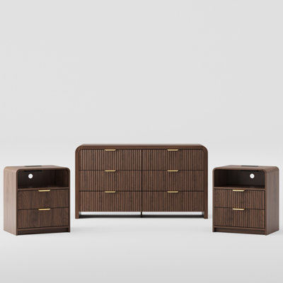 Ensemble de chambre à coucher cannelée 3 pièces, commode 6 tiroirs et table de chevet 55 po