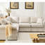Canapé d'angle convertible 5 places en forme de L, revêtement beige en tissu doux et gain de place, convertible et confortable, revêtu de lin.