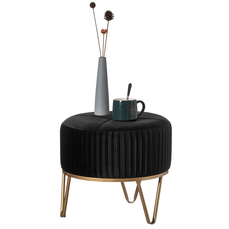Black Velvet Round Ottoman with Gold Hairpin Base
