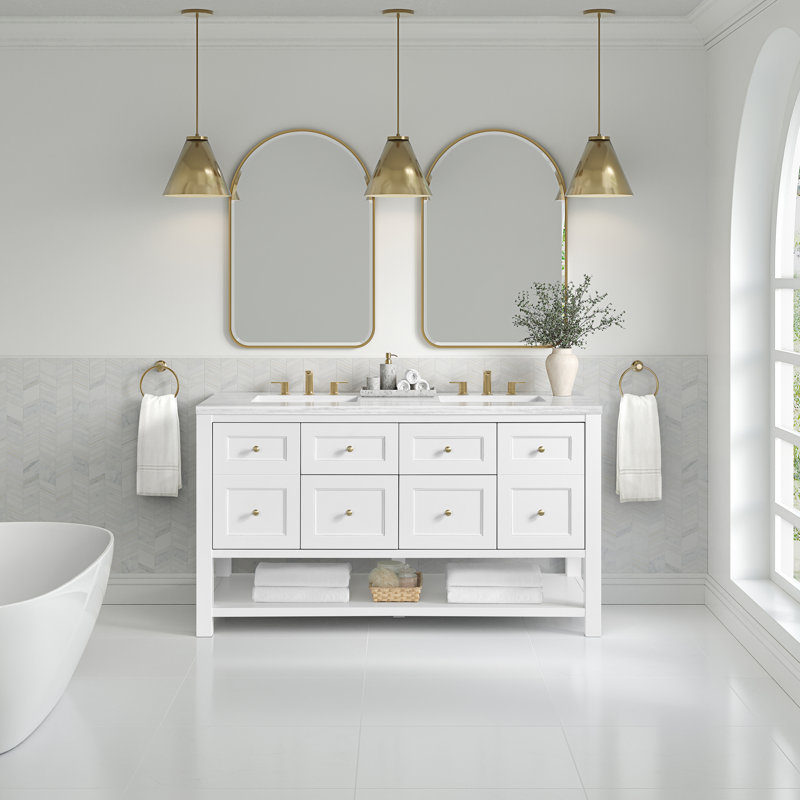 Breckenridge 60'' W Double Vanity, Bright White, Carrara White Marble, Widespread