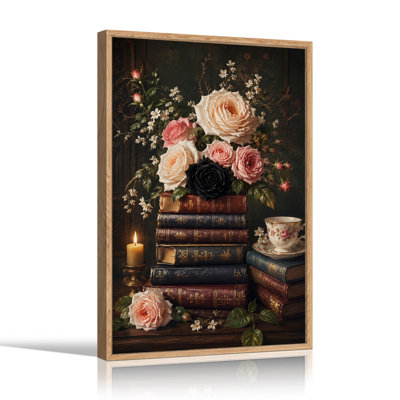 Art rétro sur toile, livres rétro avec roses roses et noires