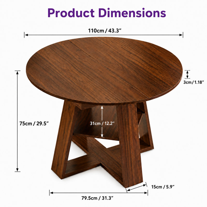 43.3"-59" Extendable Round to Oval Dining Table with Storage Shelf, Light Walnut