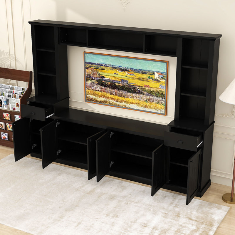 Unité de divertissement moderne avec pont réglable, piliers de rangement et console multimédia, Black