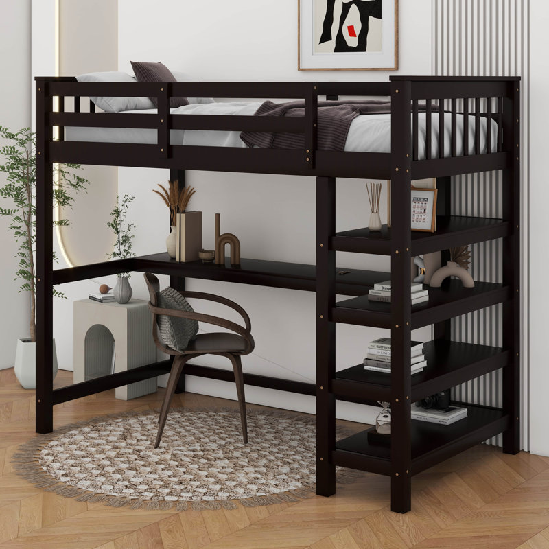 Lit mezzanine avec tablettes de rangement et bureau sous le lit, Lit simple, Espresso