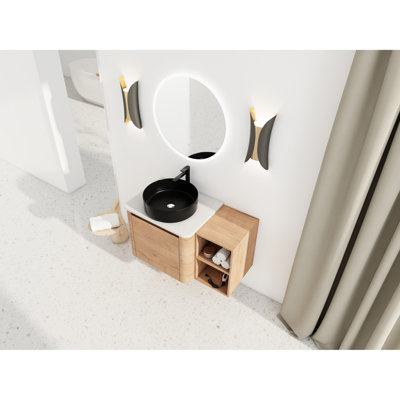 Meuble-lavabo mural 36 po pour salle de bain, lavabo d'art en céramique, tablettes de rangement, charnières à fermeture douce, 45 poignées dissimulées, base de maquillage en contreplaqué
