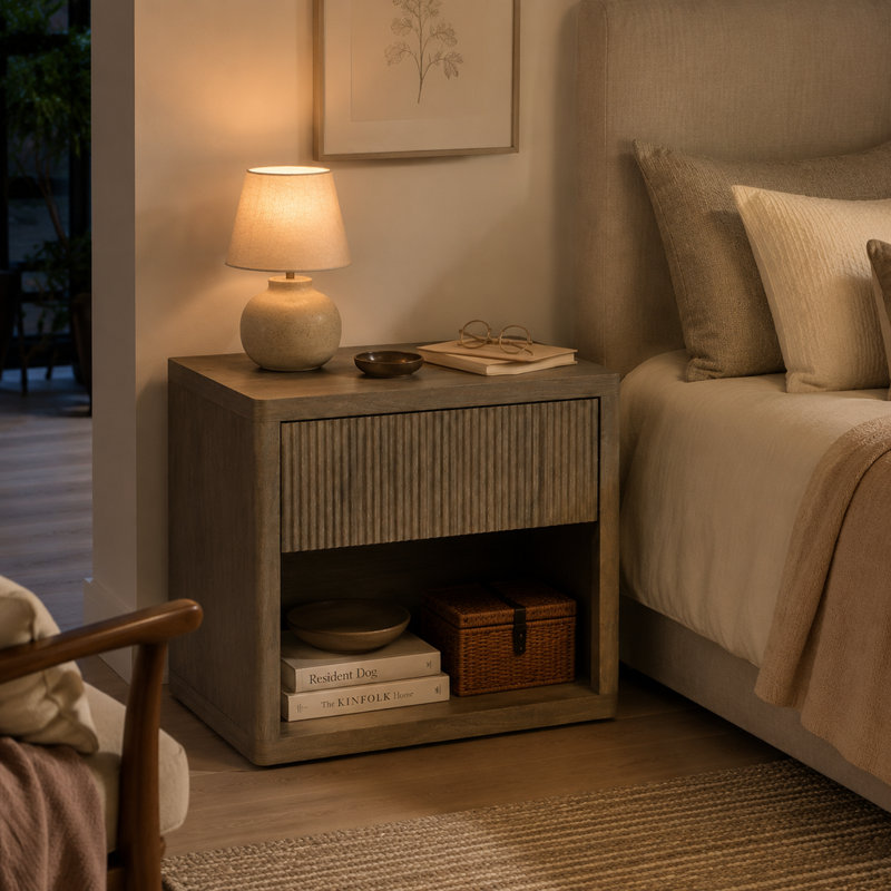 Table de chevet cannelée avec rangement pour tiroir, grande table de bout pour chambre à coucher et salon, grège