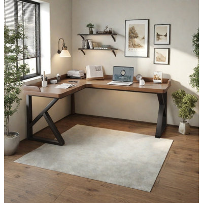 Bureau d'écriture en L en bois massif avec base en métal