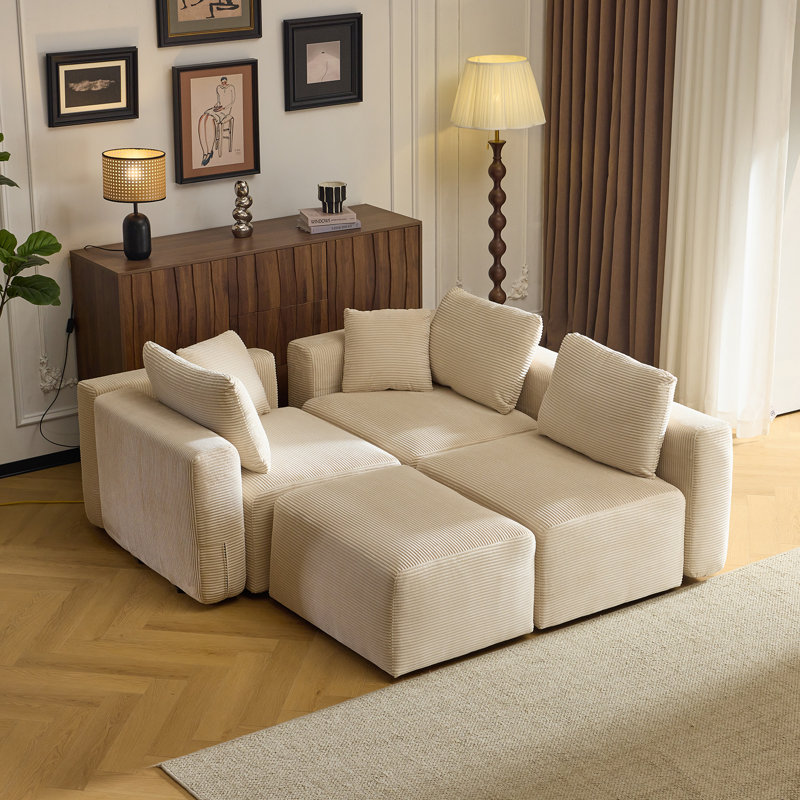 110''W Corduroy Modern  Compressed Block Couch With Plush Cushions, Off White