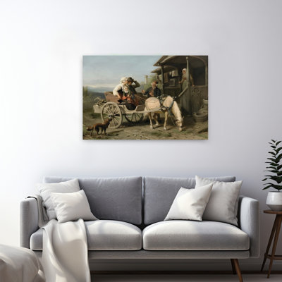Roadside Family Talk Rustic Traditional Vintage Dog Horse Mountain Wall Art Print by Mathieu - Wrapped Canvas Print