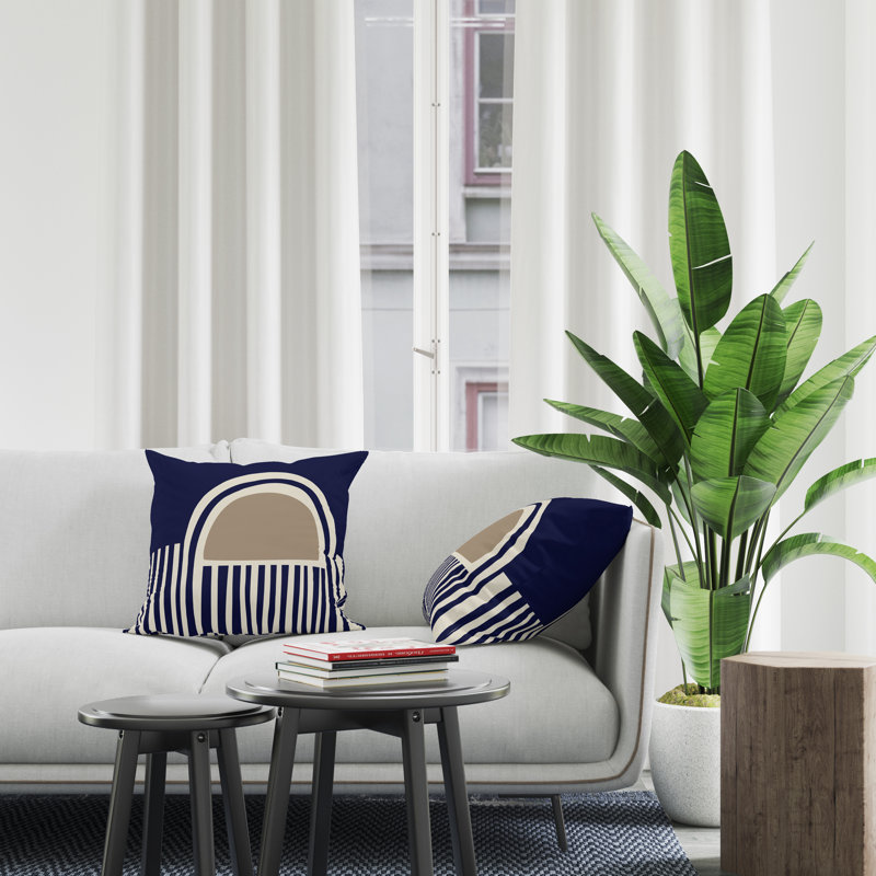 Jeté carré en polyester intérieur / extérieur, Beige/bleu marine, L 15 po x H 15 po