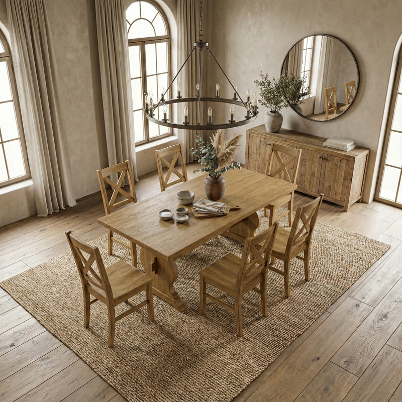 Almeda Traditional 70.8" Rectangular Dining Table Set, 7 Pieces: Table, 6 Chairs, Light Yellow Wood