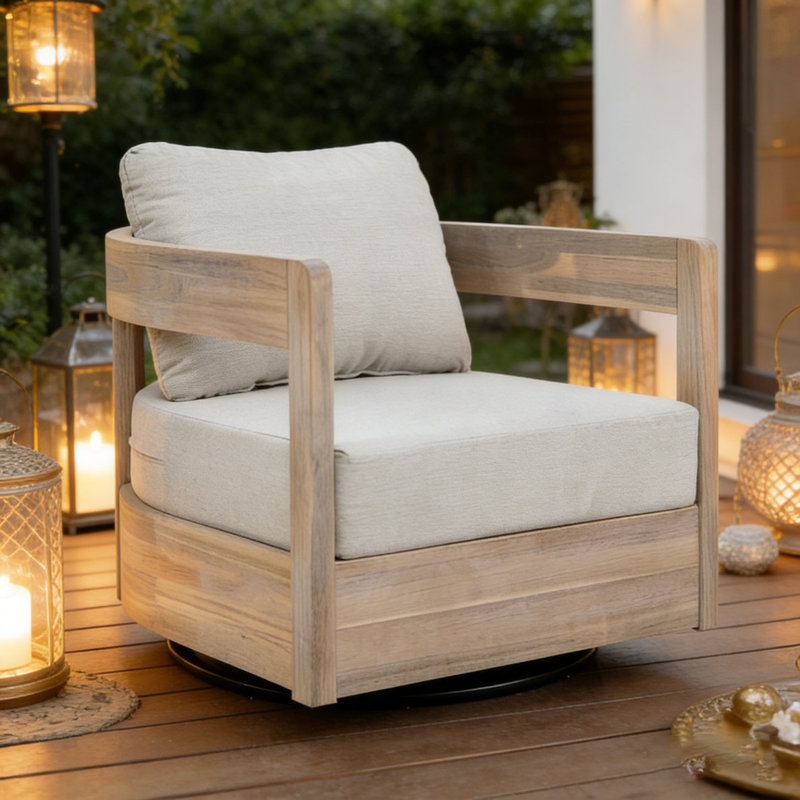 Fauteuil club d'extérieur pivotant en bois, Blanc clair