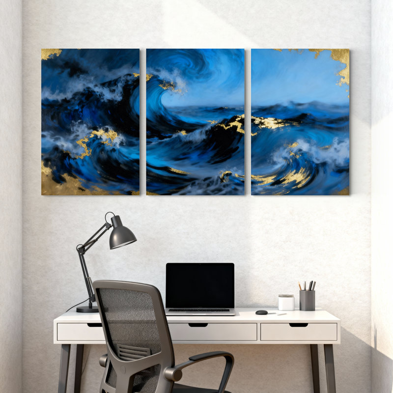 Vagues bleues avec décorations dorées, ensemble de 3 impressions sur toile, H 24 po x l 48 po