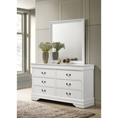 Commode 6 tiroirs en bois blanc avec miroir encadré rectangulaire assorti, coffre de rangement transitionnel en bois d'hévéa avec poignées décoratives en métal pour la chambre à coucher