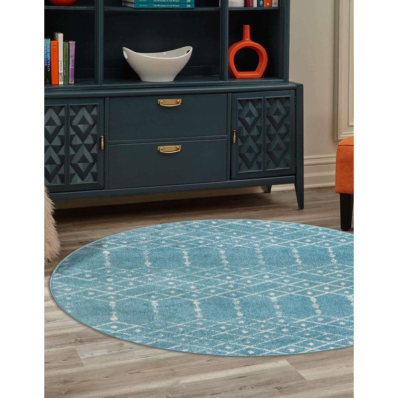 Sierra Geometric Area Rug, Round 3', Teal Blue