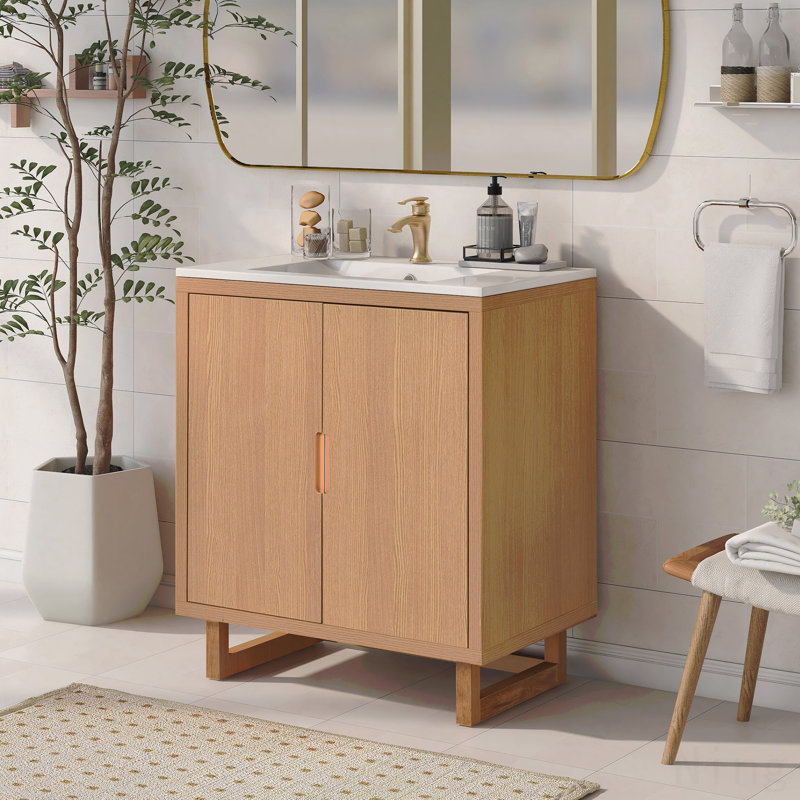 Ensemble de meuble-lavabo 30 po avec lavabo, armoire combinée, armoire de rangement, structure en bois massif, Brun