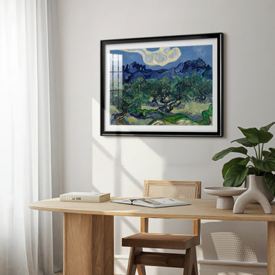 Olive Trees with the Alpilles in the Background-Vincent van Gogh-Framed - Fine Art Reproduction, Matted and Framed Under Acrylic Glass, Large Living Room Wall Art