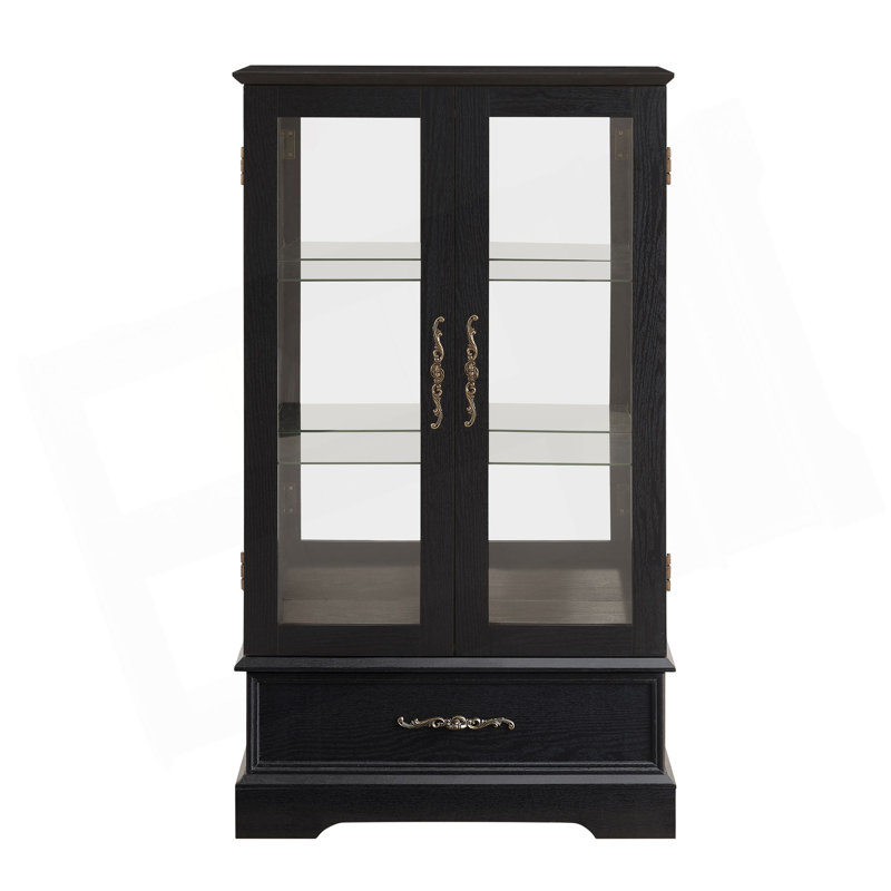 Lighted Glass Curio Cabinet With Adjustable Shelves - Elegant 2-Door Display Cabinet & Built-In Drawer, Includes Bulb, Black
