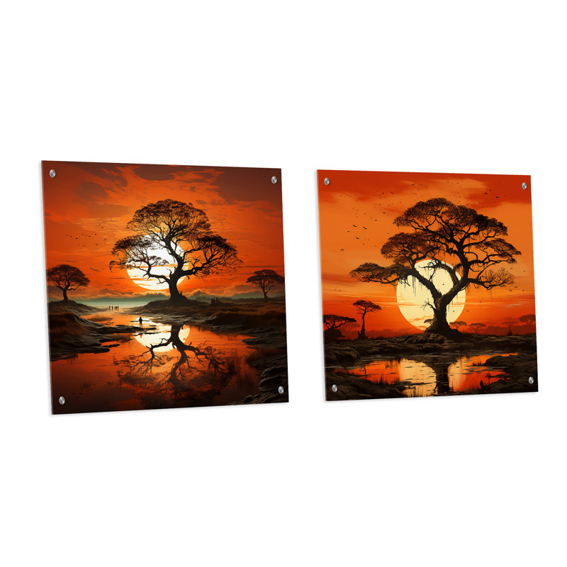 Coucher de soleil silhouettes d'arbre baobab, H 16 po x l 33 po