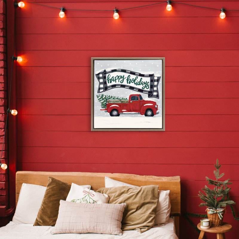 Cadre flottant Happy Holiday Farm Truck & Tree, design par Sara Baker, H 25 po x l 25 po, Cadre flottant orme Montalcino