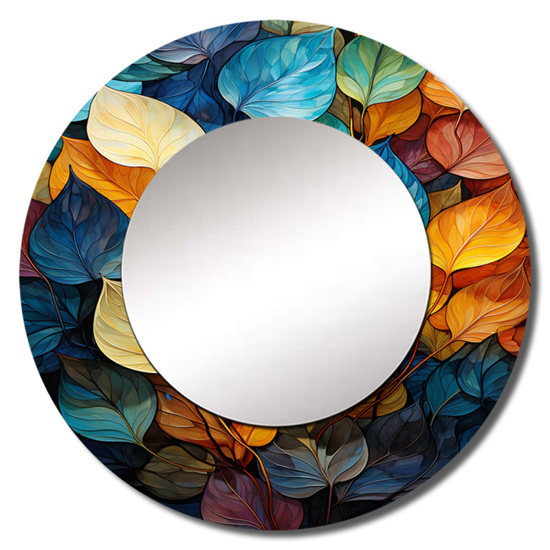 Sevina, feuilles colorées magiques I - décor de miroir mural unique, grand miroir rond traditionnel, impression d'art en métal