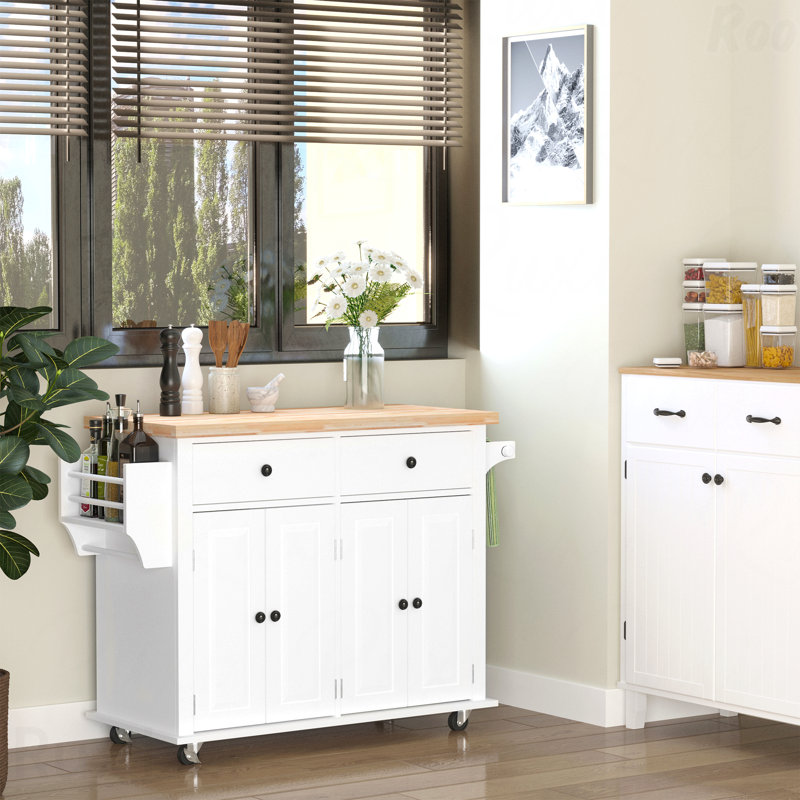 Kitchen Island On Wheels, Rolling Cart With Rubberwood Top, Spice Rack, Towel Rack And Drawers For Dining Room, White