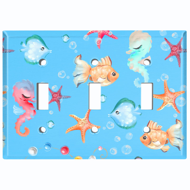 Mermaid Ocean Star Fish Bubbles Blue 3 - Gang Toggle Light Switch Standard Wall Plate