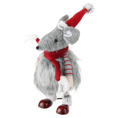 12" Gray and Red Bouncy Bobble Action Mouse Christmas Figurine