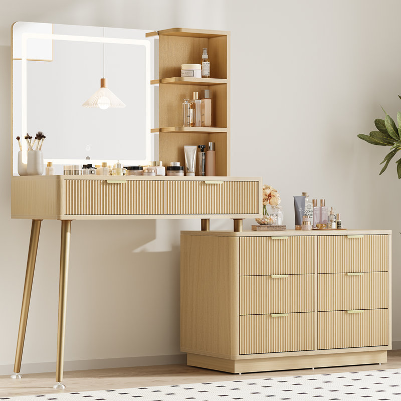 Fluted Vanity Desk With Mirror And Lights, Glass Top Makeup Vanity Table With 8 Drawers & Storage Shelves For Bedroom, Flexible Arrangement
