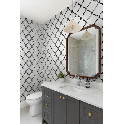 Seabrook Designs Off-White & Onyx Melvyn Ogee Trellis Unpasted Wallpaper