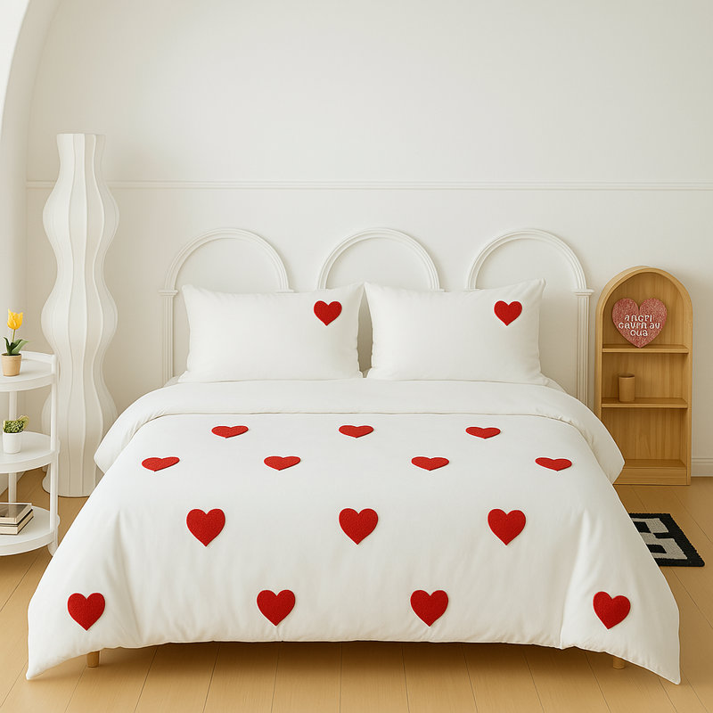 Heart Tufted Embroidered Duvet Cover Set with Pillowcases, Soft Microfiber Bedding Set, White ComforterCover, Mother’s Day