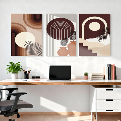 Abstract Geometric Patterns And Tropical Leaves Canvas Wrapped Wall Art Set Of 3 For Living Room Bedroom Or Office Decor